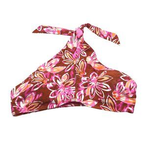 Aerie Swim Halter Bikini Top Keyhole Removable Cups Floral Print Pink Brown L